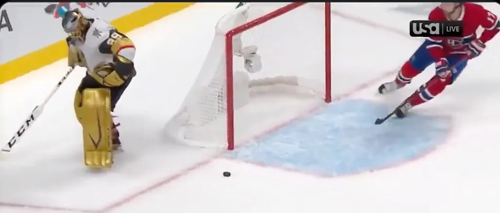 Fleury, looking down at his feet completely baffled, as the puck bobbles away from him and towards the open net while Anderson zooms towards it